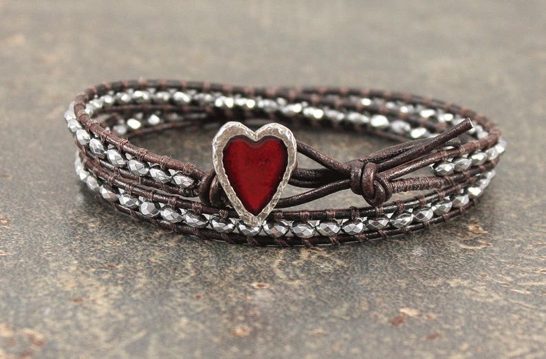 Red and Silver Heart Jewelry Delicate Beaded Leather Heart Bracelet Hematite and Leather Wrap Bracelet Valentines Jewelry