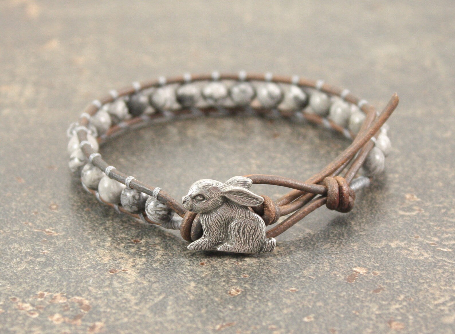 Gray Bunny Bracelet Rabbit Jewelry Gemstone and Leather Rabbit Etsy