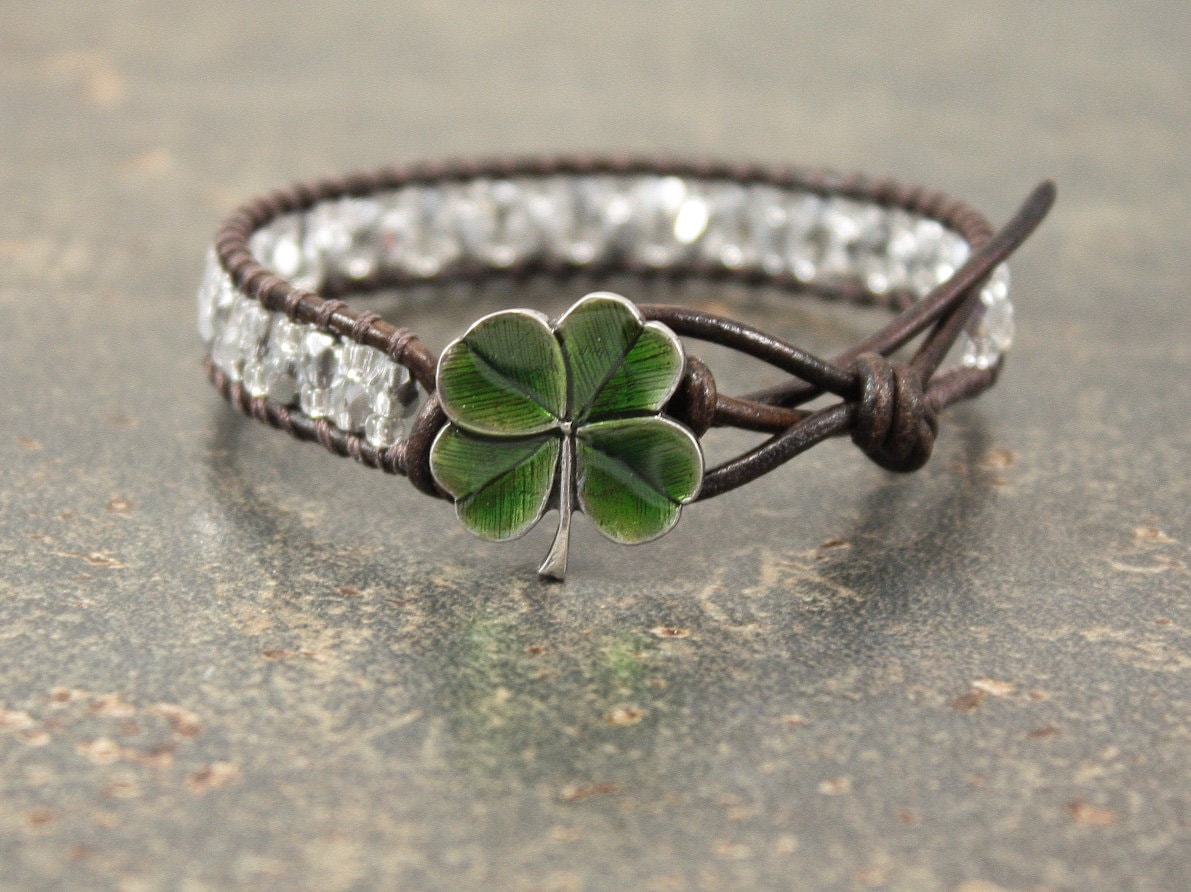 Irish Jewelry Green Silver Four Leaf Clover Bracelet Beaded Leather C…
