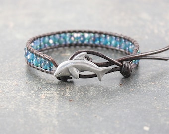 Teal Dolphin Bracelet Bold Unique Leather Dolphin Jewelry