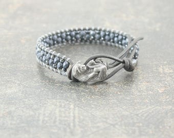 Gray Cat Bracelet Leather Cat Jewelry