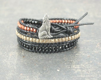 Wolf Bracelet Silver Gold Copper Black Wolf Jewelry Unique Triple Leather Wrap Bracelet