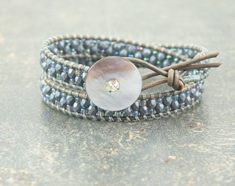 Gray Leather Wrap Bracelet One of a Kind Beaded Leather Vintage Button Bracelet