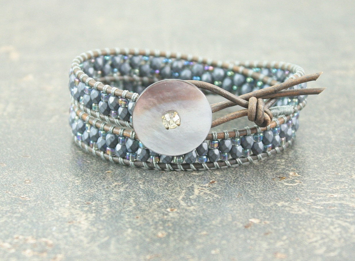 Gray Leather Wrap Bracelet One of a Kind Beaded Leather Vintage Button Bracelet