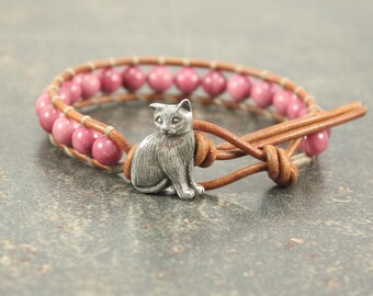 Pink Cat Bracelet Gemstone Cat Jewelry Single Leather Wrap Bracelet