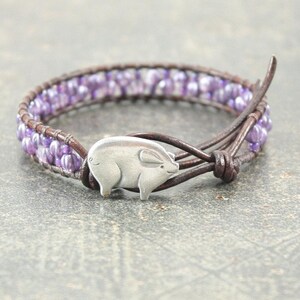 Purple Pig Bracelet Beaded Leather Pig Jewelry