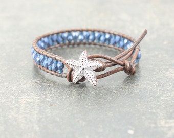 Starfish Bracelet White Blue Starfish Jewelry Unique Single Leather Wrap Bracelet