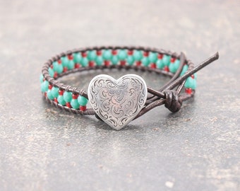 Heart Bracelet Turquoise Red Heart Jewelry Friendship Bracelet