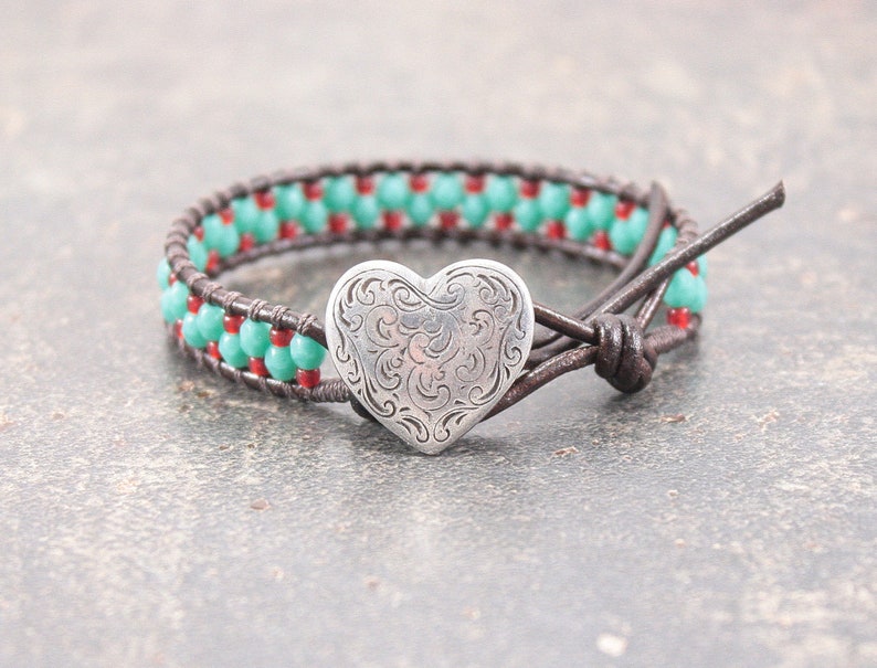 Heart Bracelet Turquoise Red Heart Jewelry Friendship Bracelet image 1