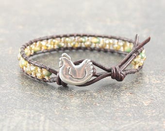 Chicken Jewelry Silver Champagne Sage Green Gold Chicken Bracelet Single Leather Wrap Bracelet