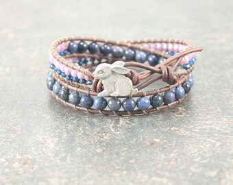 Gemstone Bunny Bracelet Silver Lavender Teal Denim Blue Bunny Jewelry Rabbit Bracelet