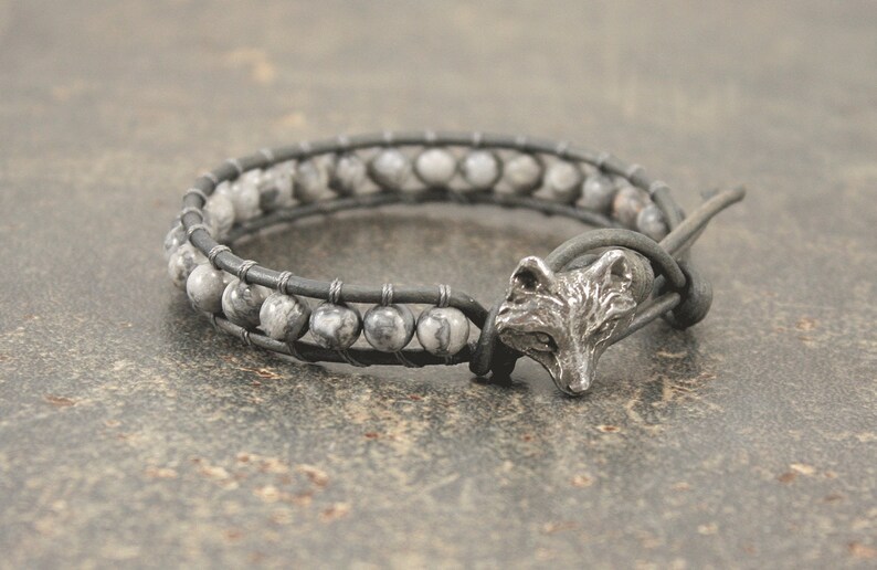 Silver Gray Fox Bracelet Bohemian Gemstone and Leather Fox Etsy