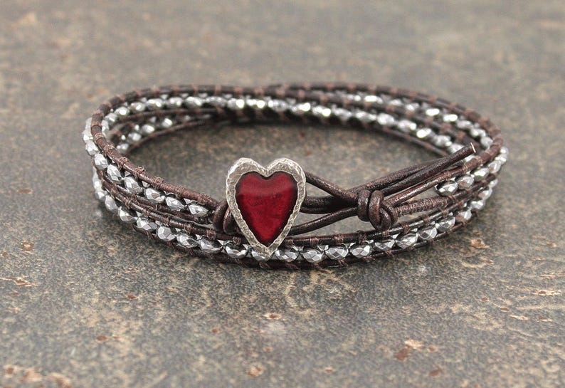Red and Silver Heart Jewelry Delicate Beaded Leather Heart Bracelet Hematite and Leather Wrap Bracelet Valentines Jewelry