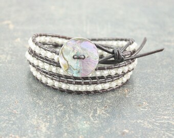 Winter White Bracelet Abalone Shell Bracelet Off White Jewelry Triple Leather Wrap Bracelet