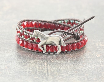 Unique Horse Jewelry Silver Turquoise Red Horse Bracelet Colorful Bohemian Equestrian Jewelry