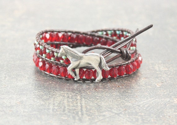 Unique Horse Jewelry Silver Turquoise Red Horse Bracelet Colorful Bohemian Equestrian Jewelry
