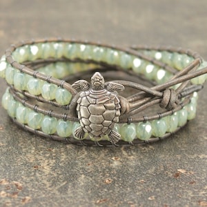 Turtle Jewelry Silver Gray Sage Green Turtle Bracelet Sparkling Beaded ...