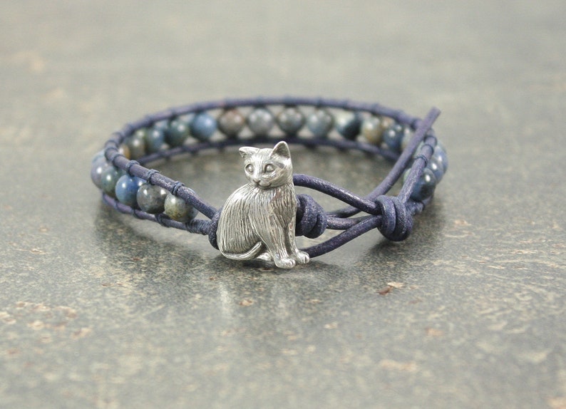 Rustic Leather Cat Jewelry Silver Tan Denim Blue Cat Bracelet image 1