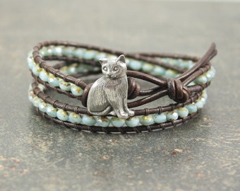 Silver and Turquoise Cat Bracelet Boho Beaded Leather Cat Jewelry