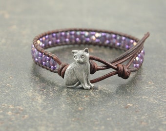 Purple Cat Bracelet Beaded Cat Jewelry Colorful Single Leather Wrap Bracelet