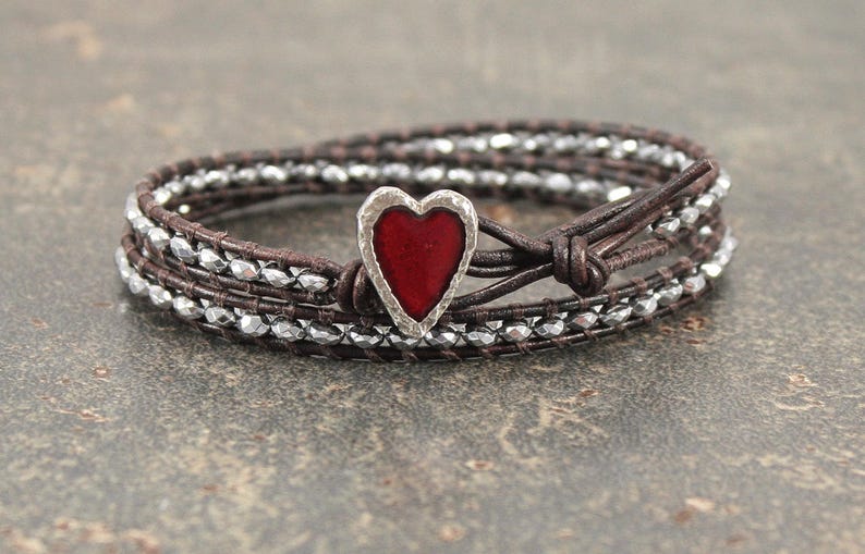 Red and Silver Heart Jewelry Delicate Beaded Leather Heart Bracelet Hematite and Leather Wrap Bracelet Valentines Jewelry