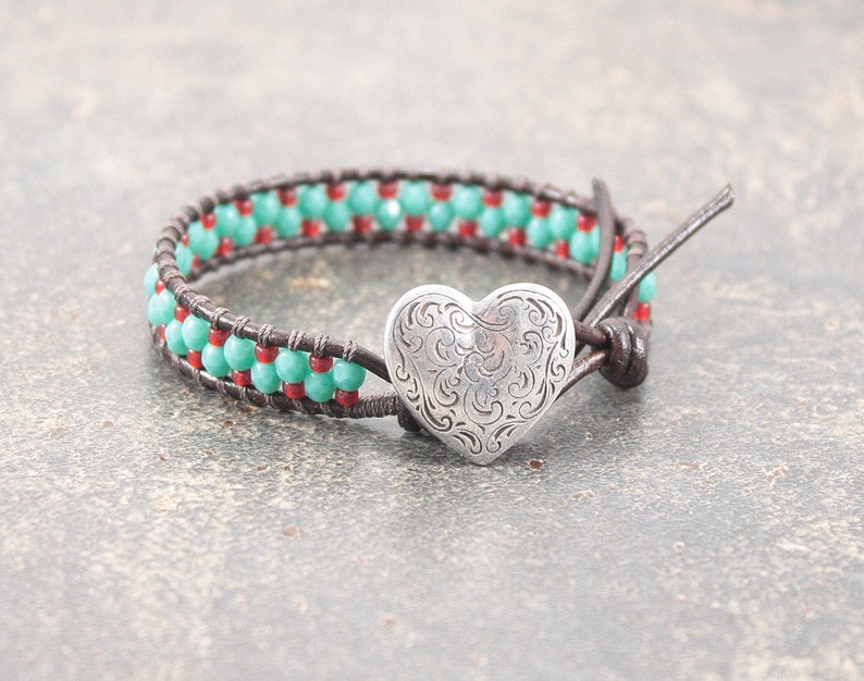 Heart Bracelet Turquoise Red Heart Jewelry Friendship Bracelet image 3