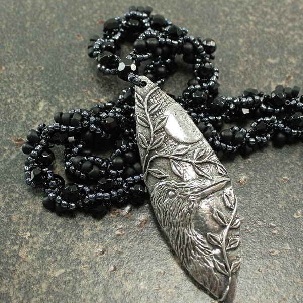 One of a Kind Raven Necklace Hand Beaded Gunmetal Gray Silver Black Raven Jewelry