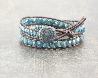 Double Leather Wrap Bracelet Bold Turquoise Teal Blue Bracelet