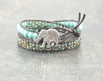 Elephant Bracelet Silver Turquoise Topaz Elephant Jewelry Unique Double Leather Wrap Bracelet