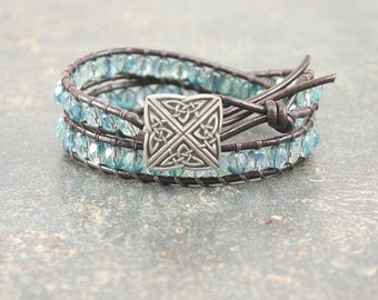 Silver Teal Celtic Knot Bracelet Beaded Leather Celtic Knot Jewelry