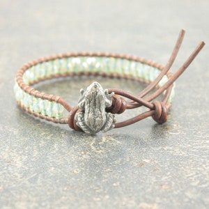 Green Frog Jewelry Beaded Frog Bracelet Single Leather Wrap Bracelet