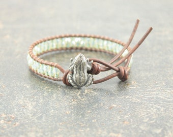 Green Frog Jewelry Beaded Frog Bracelet Single Leather Wrap Bracelet