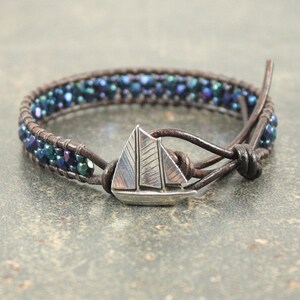 Purple Navy Blue Sailboat Bracelet Sparkly Beaded Leather Sailboat Jewelry