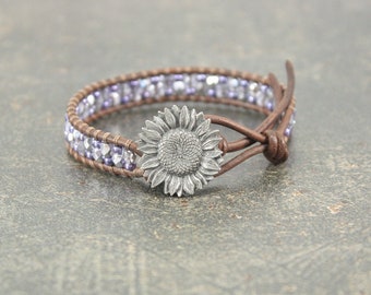 Lavender Sunflower Bracelet Sparkling Beaded Leather Sunflower Jewelry
