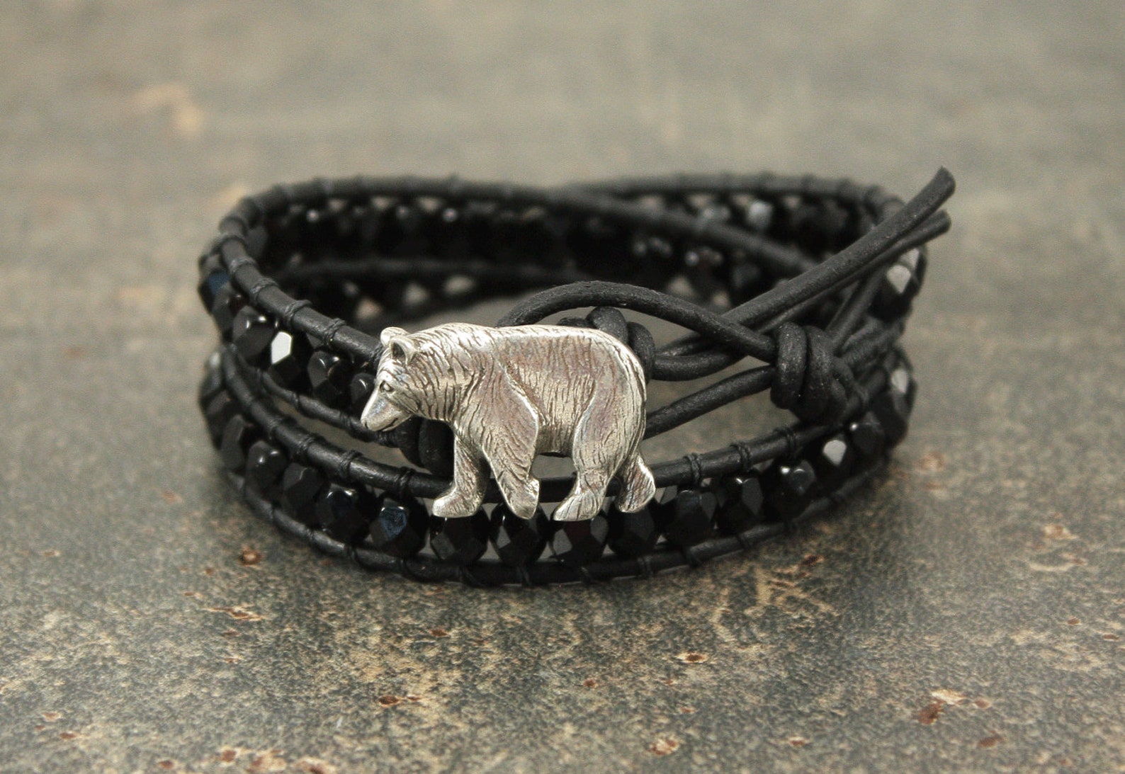 Black Bear Bracelet Beaded Black Leather Bear Jewelry Double Etsy