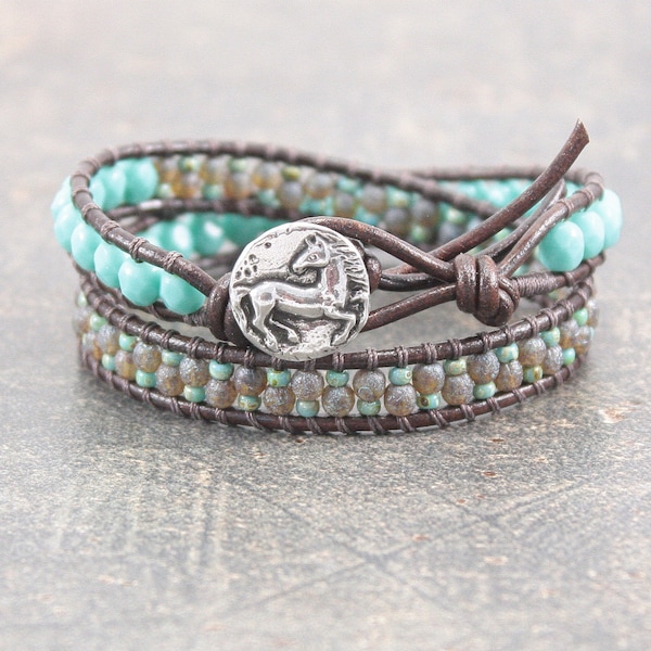 Silver Turquoise Topaz Horse Bracelet Bohemian Beaded Leather Horse Jewelry Unique Equestrian Jewelry