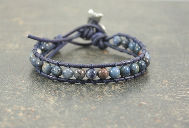 Rustic Leather Cat Jewelry Silver Tan Denim Blue Cat Bracelet image 3