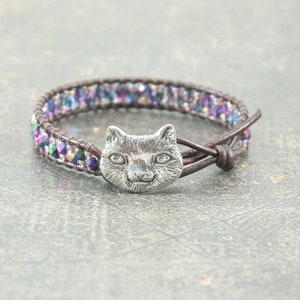 Colorful Cat Bracelet Sparkling Bronze Pink Green Blue Purple Cat Jewelry