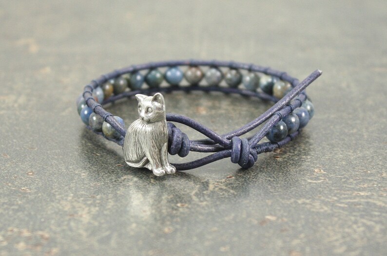 Rustic Leather Cat Jewelry Silver Tan Denim Blue Cat Bracelet image 4