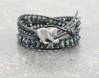 Cat Bracelet Silver Sage Green Black Cat Jewelry One of a Kind Double Leather Wrap Bracelet