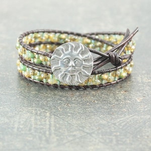 Sun Jewelry Silver Champagne Gold Sage Green Sun Bracelet Unique Double Leather Wrap Bracelet