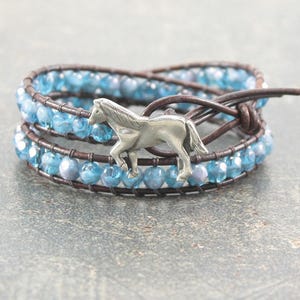 Unique Horse Jewelry Silver Turquoise Blue Horse Bracelet Leather Equestrian Jewelry