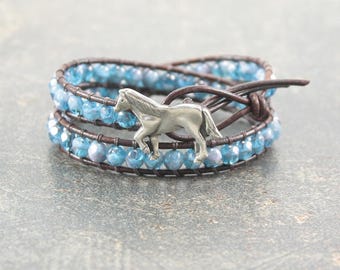 Unique Horse Jewelry Silver Turquoise Blue Horse Bracelet Leather Equestrian Jewelry