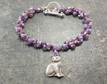Unique Cat Bracelet Silver Pink Lavender Purple Cat Jewelry Beaded Charm Bracelet
