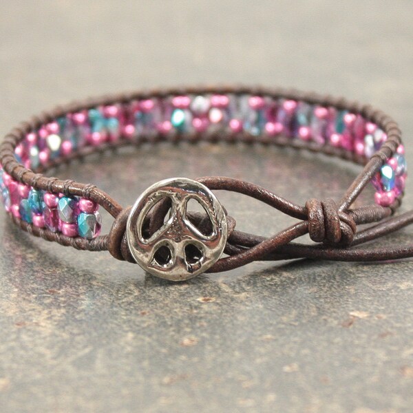 Peace Sign Jewelry Silver Turquoise Hot Pink Peace Sign Bracelet Single Leather Wrap Bracelet