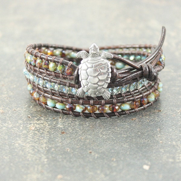 Turtle Jewelry Silver Turquoise Green Topaz Turtle Bracelet Triple Leather Wrap Bracelet