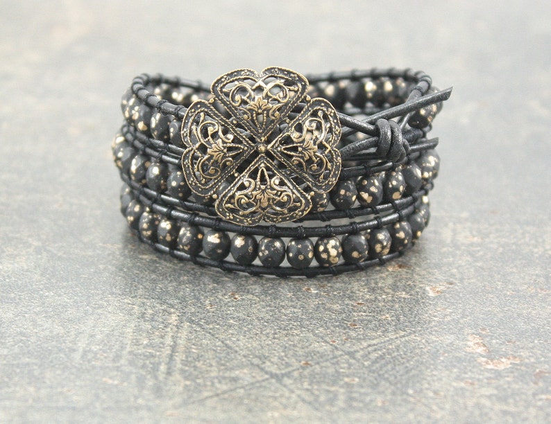 Bold Triple Leather Wrap Bracelet One of a Kind Bronze Gold Black Bracelet Vintage Button Jewelry zdjęcie 1