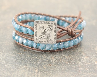 Unique Owl Bracelet Turquoise Blue Owl Jewelry Double Leather Wrap Bracelet