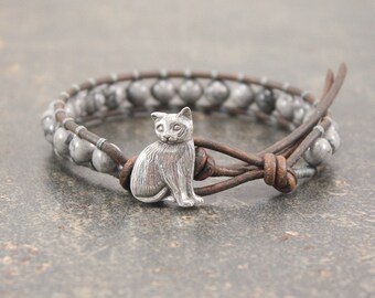 Gray Cat Bracelet Gemstone and Leather Cat Jewelry