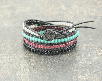 Colorful Black Leather Wrap Bracelet Off White Hot Pink Turquoise Vintage Button Bracelet One of a Kind Quadruple Wrap Bracelet